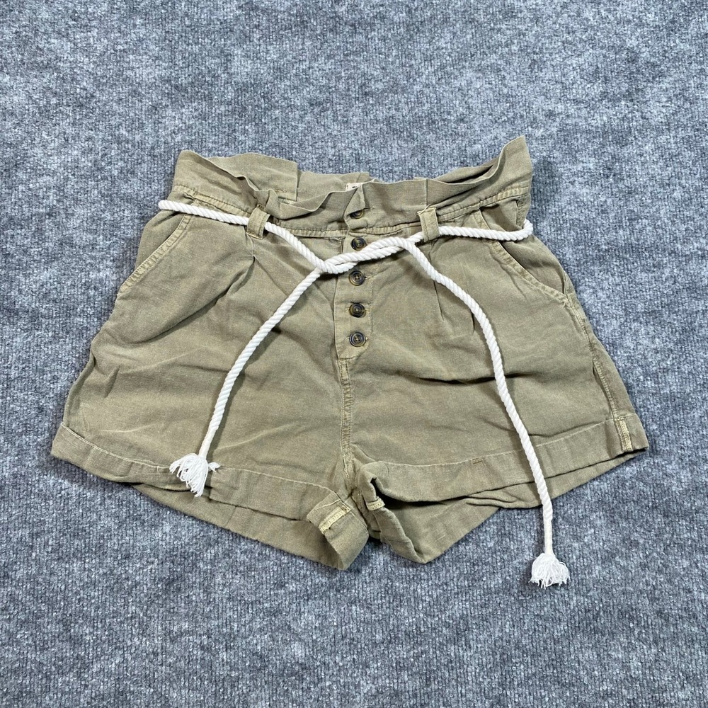 Billabong Women Olive Green Paperbag Shorts Cotton Linen Rope Belt Size 28